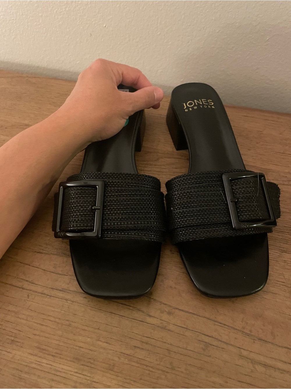Jones New York Black Buckle Strap Slide Mules